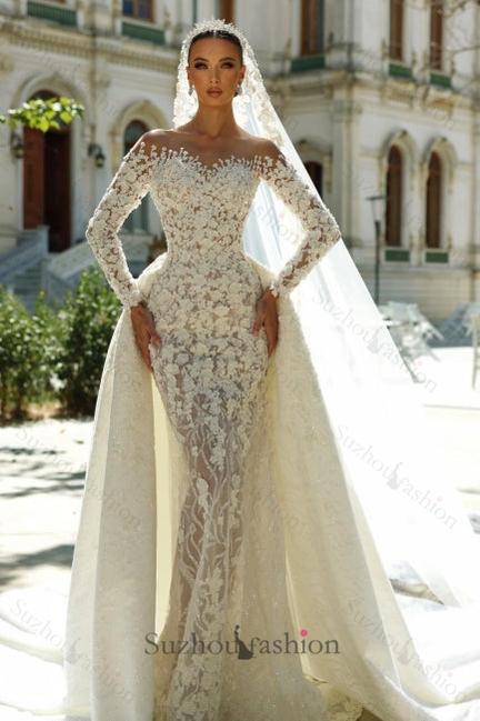 White Beach Wedding Dress Mermaid Sweetheart Off The Shoulder Long Sleeves Detachable Panel Train Lace Bridal Gown