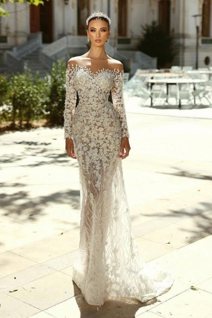 White Beach Wedding Dress Mermaid Sweetheart Off The Shoulder Long Sleeves Detachable Panel Train Lace Bridal Gown