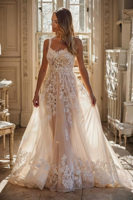 White Beach Wedding Dress Spaghetti Strap A Line Sleeveless Floor Length Tulle Bridal Gown With Appliques