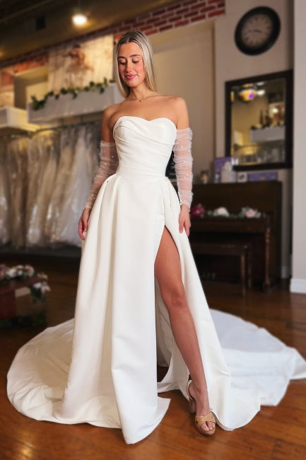 White Beach Wedding Dress Strapless A Line Sleeveless Long Satin Split Front Bridal Gown With Ruffles