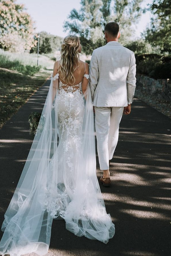White Beach Wedding Dress V Neck Lace Mermaid Spaghetti Strap Off The Shoulder Cap Sleeves Long Bridal Gown