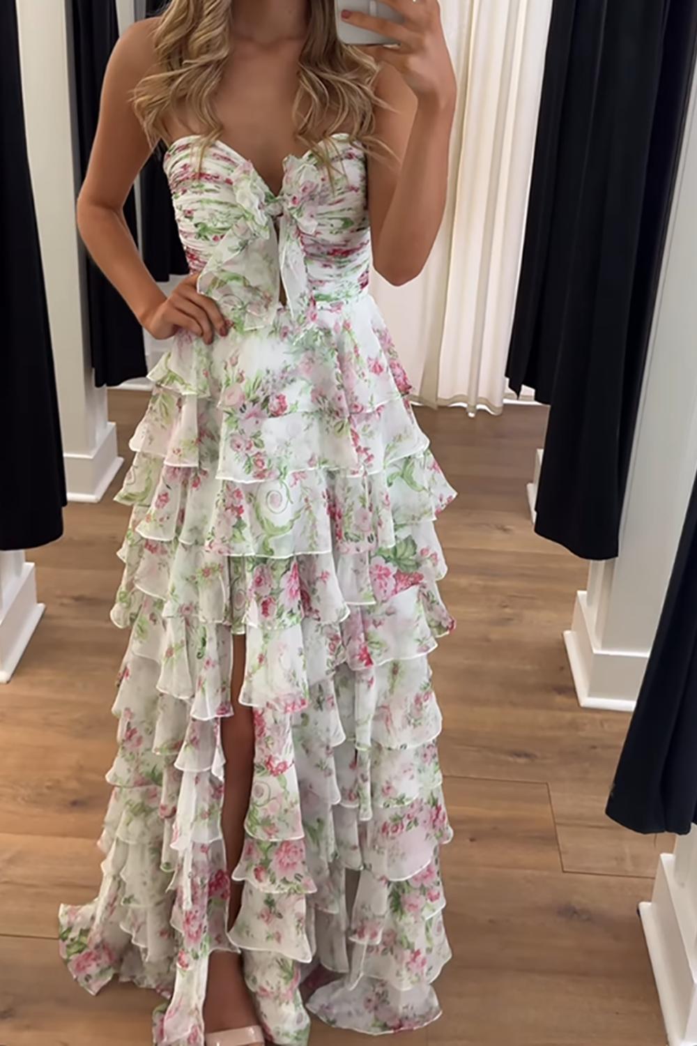 Suzhoufashion White Blue Floral Prom Dress Sweetheart A Line Tiered Ruffled Long Formal Dress With Bow
