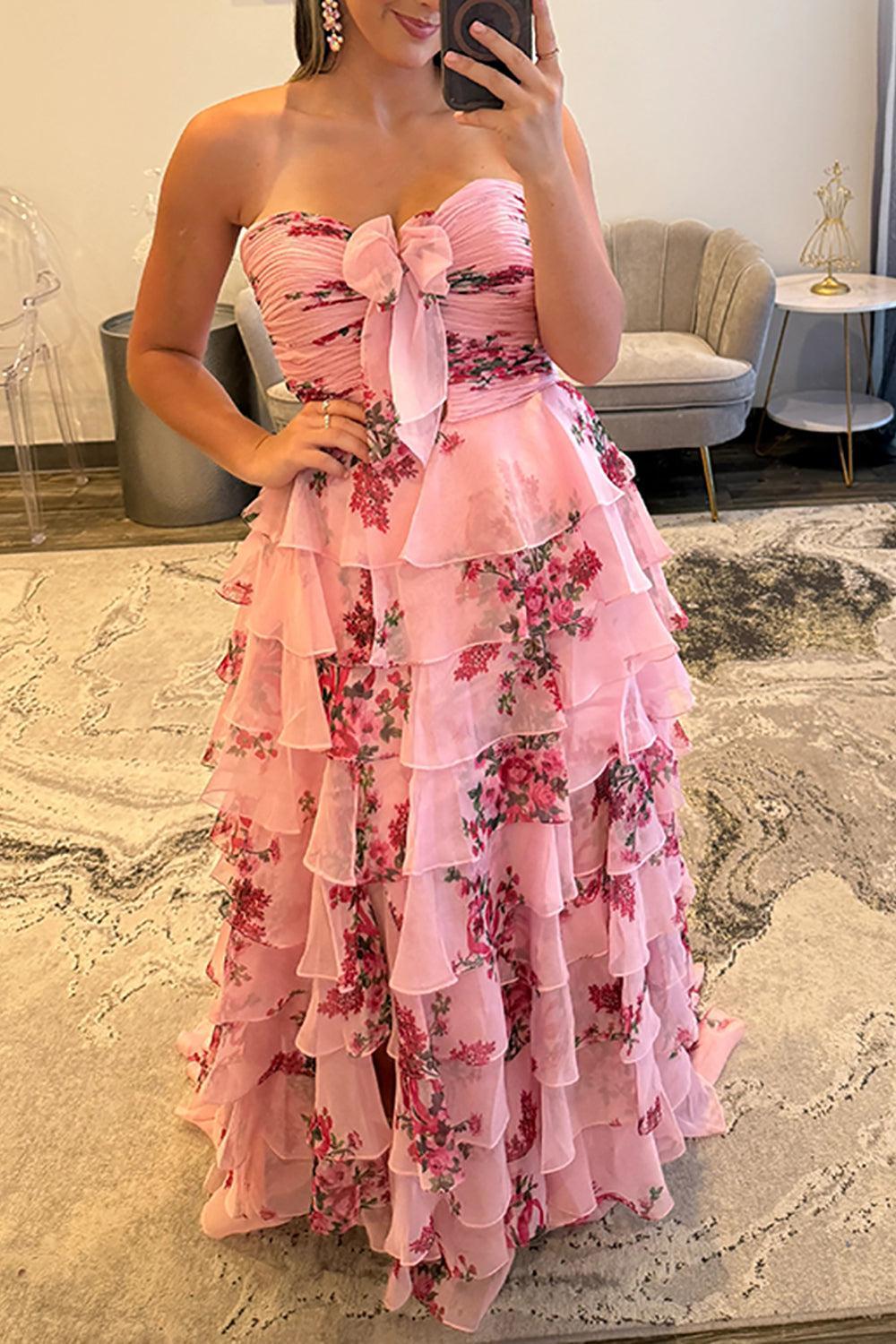 Suzhoufashion White Blue Floral Prom Dress Sweetheart A Line Tiered Ruffled Long Formal Dress With Bow