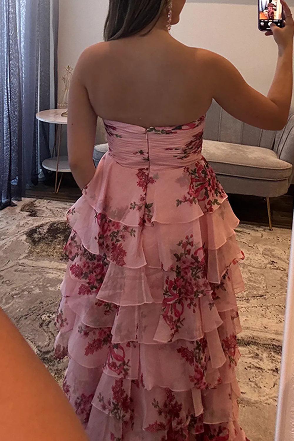 Suzhoufashion White Blue Floral Prom Dress Sweetheart A Line Tiered Ruffled Long Formal Dress With Bow