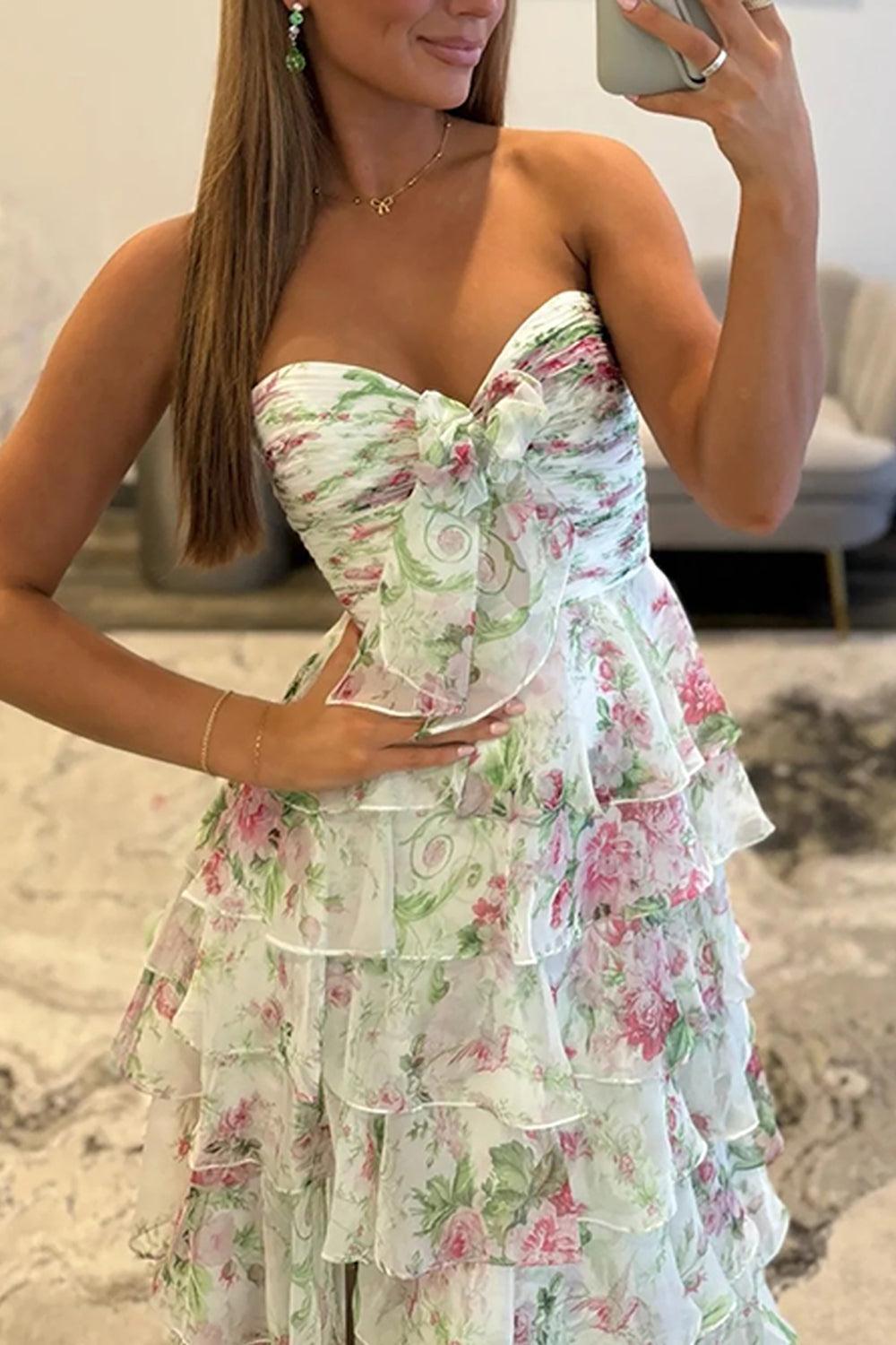 Suzhoufashion White Blue Floral Prom Dress Sweetheart A Line Tiered Ruffled Long Formal Dress With Bow