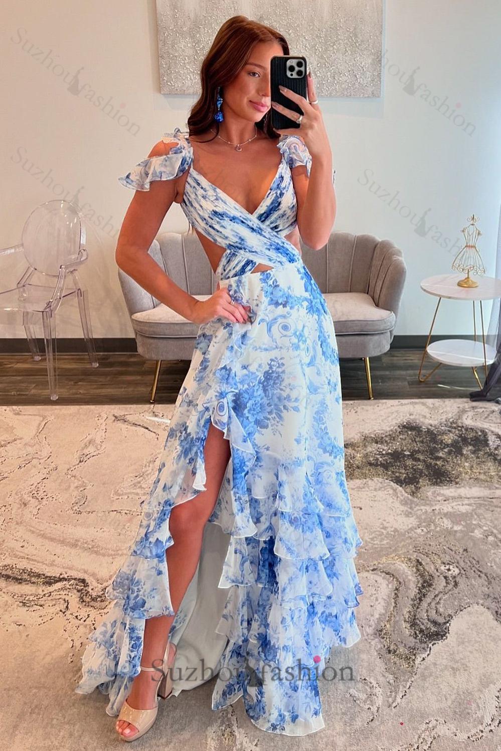 White Blue Prom Dress Flower Cold Shoulder Ruffles Long Formal Dress With Slit