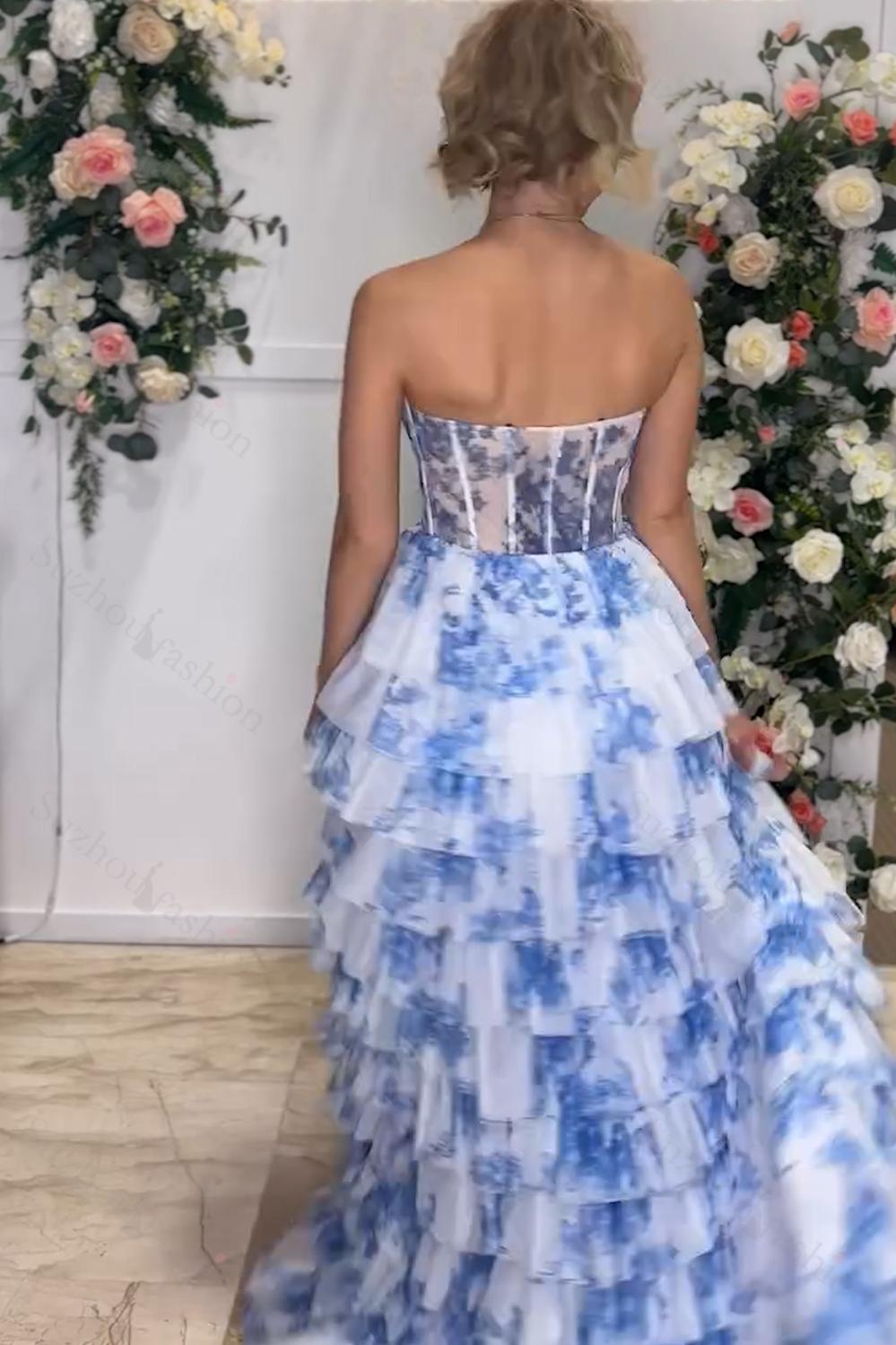 White Blue Prom Dress Flower Sweetheart Tiered A-Line Long Formal Dress