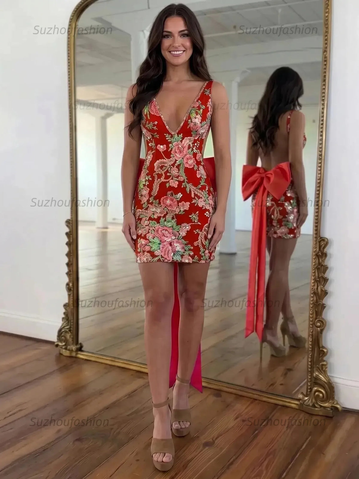 Suzhoufashion White Floral Embroidered Deep V-Neck Homecoming Dress with Oversized Bow Train