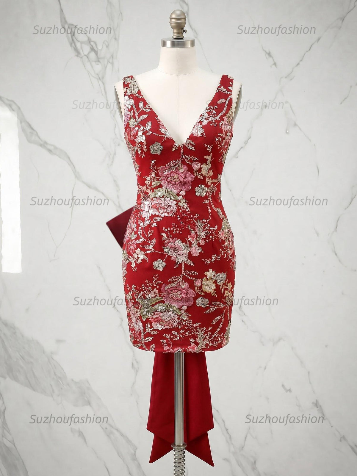 Suzhoufashion White Floral Embroidered Deep V-Neck Homecoming Dress with Oversized Bow Train