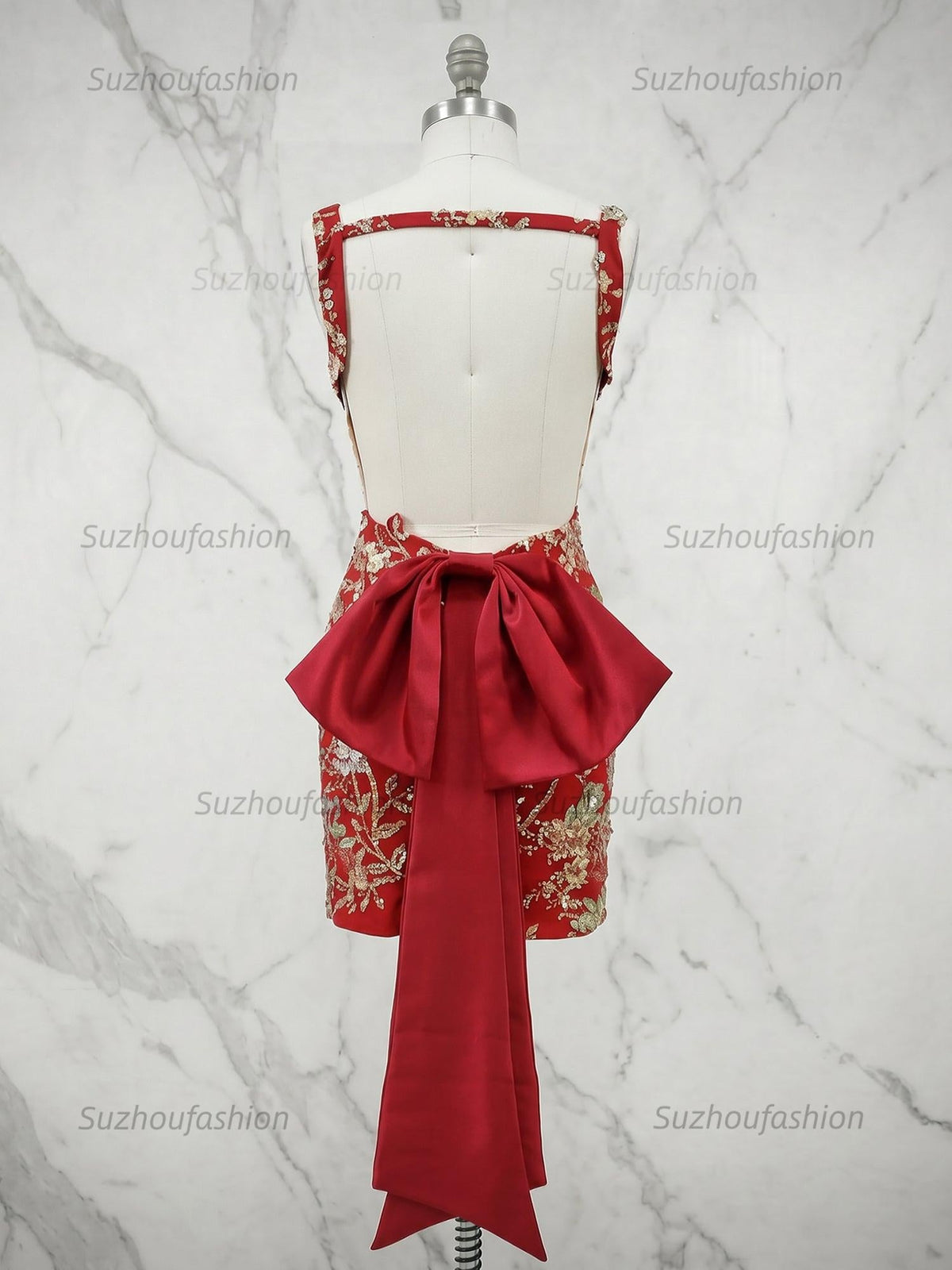 Suzhoufashion White Floral Embroidered Deep V-Neck Homecoming Dress with Oversized Bow Train