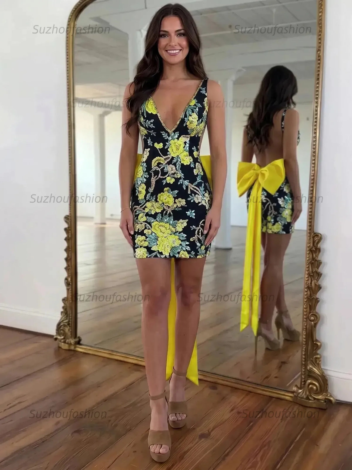 Suzhoufashion White Floral Embroidered Deep V-Neck Homecoming Dress with Oversized Bow Train