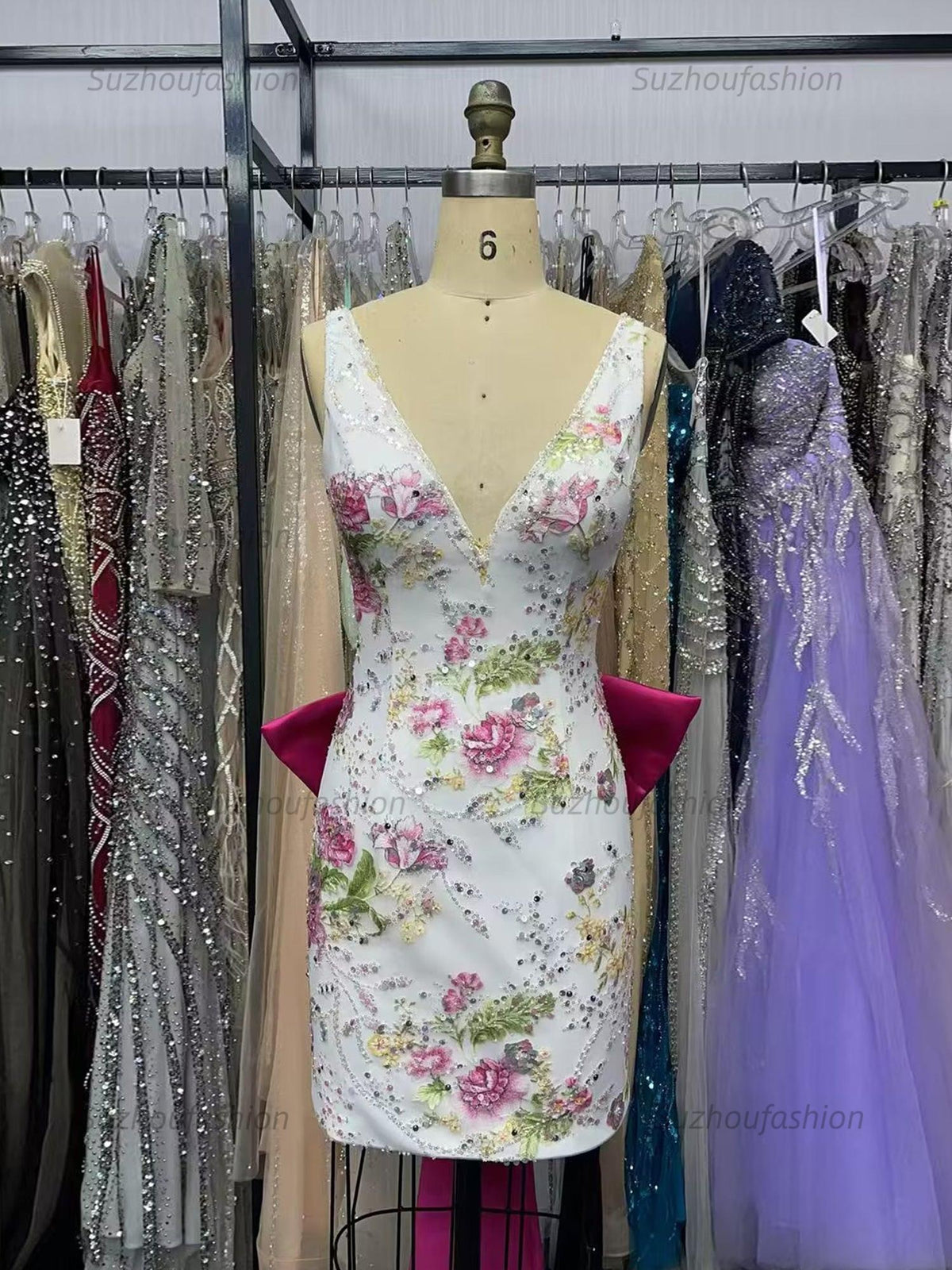 Suzhoufashion White Floral Embroidered Deep V-Neck Homecoming Dress with Oversized Bow Train