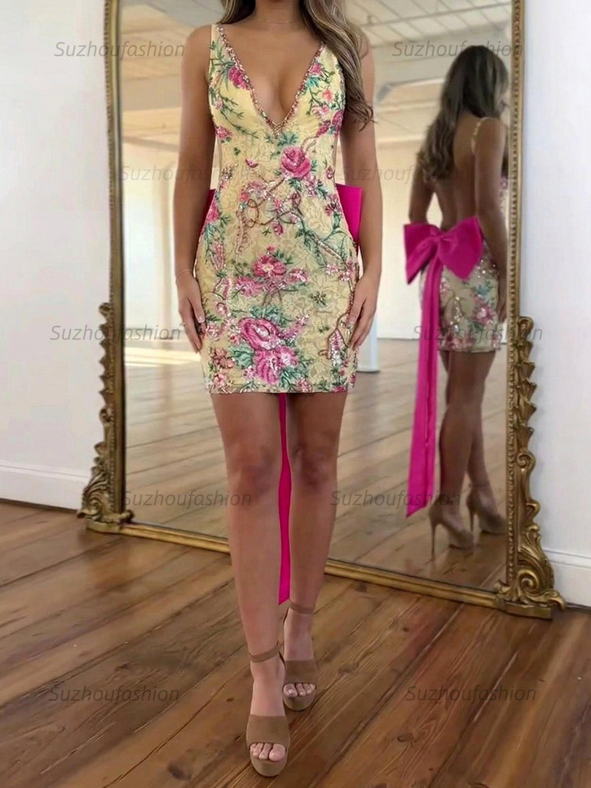 Suzhoufashion White Floral Embroidered Deep V-Neck Homecoming Dress with Oversized Bow Train