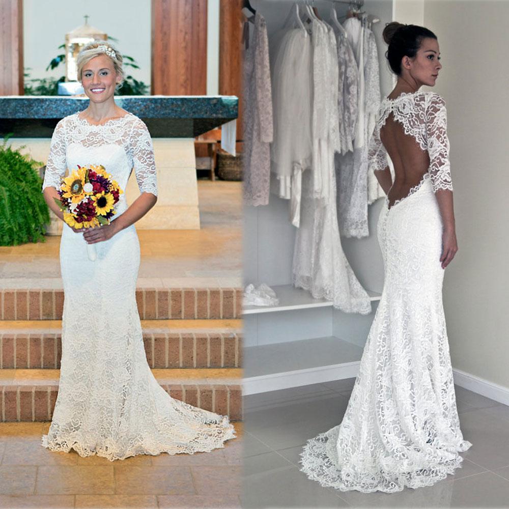 White Half Sleeve Sexy Mermaid Bridal Gown Sweep Train Trumpet Lace Beach Wedding Dresses