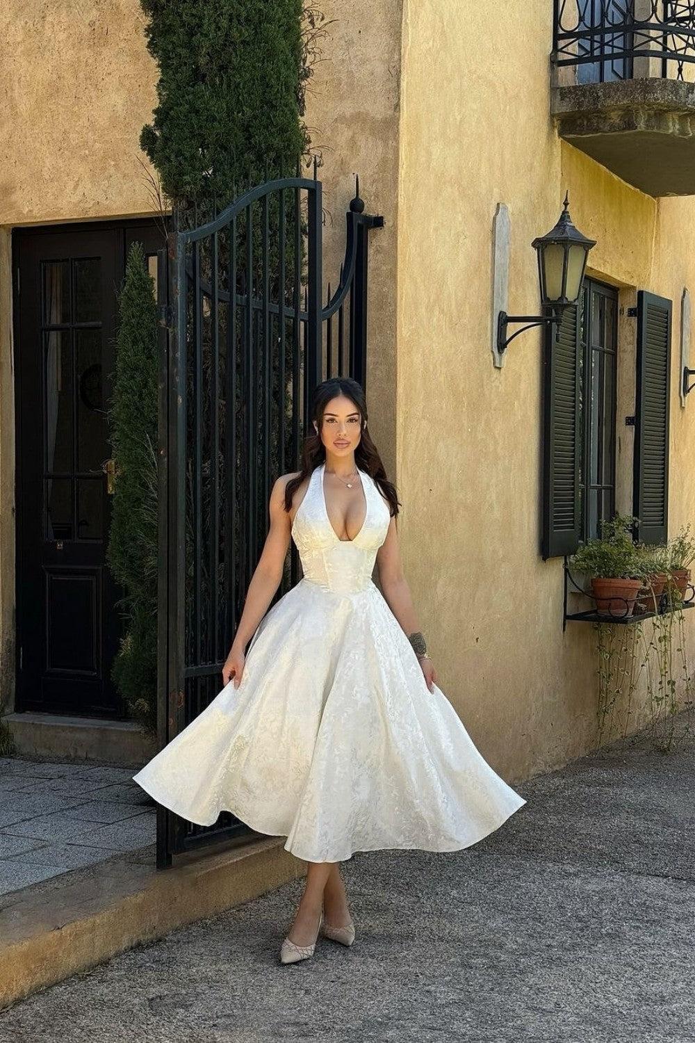 Suzhoufashion White Halter A-Line Jacquard Midi Prom Dress With Structured Corset Bodice Formal Evening Gown
