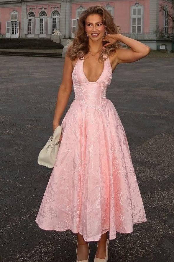 Suzhoufashion White Halter A-Line Jacquard Midi Prom Dress With Structured Corset Bodice Formal Evening Gown