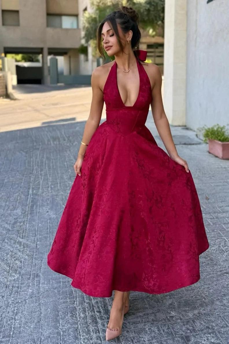 Suzhoufashion White Halter A-Line Jacquard Midi Prom Dress With Structured Corset Bodice Formal Evening Gown