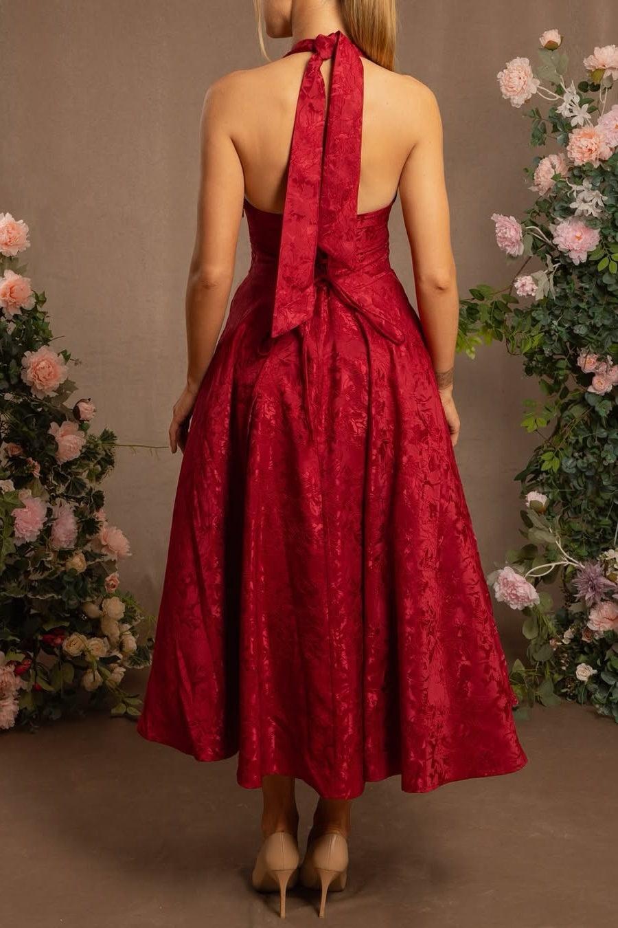 Suzhoufashion White Halter A-Line Jacquard Midi Prom Dress With Structured Corset Bodice Formal Evening Gown