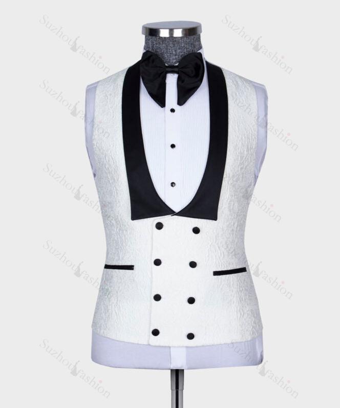 White Jacquard 3 Piece Wedding Suit with Black Shawl Lapel