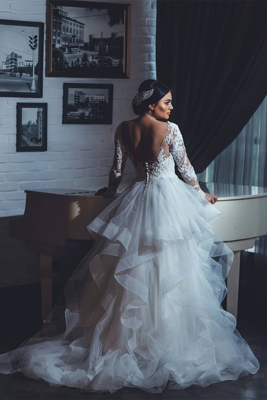 White Lace-Appliques Wedding Dresses |  Open-Back Long-Sleeves Bridal Gowns