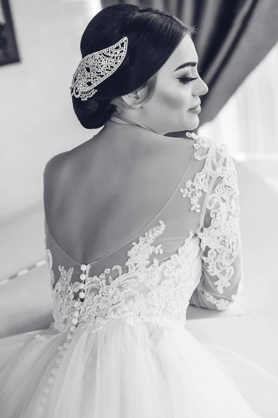 White Lace-Appliques Wedding Dresses |  Open-Back Long-Sleeves Bridal Gowns