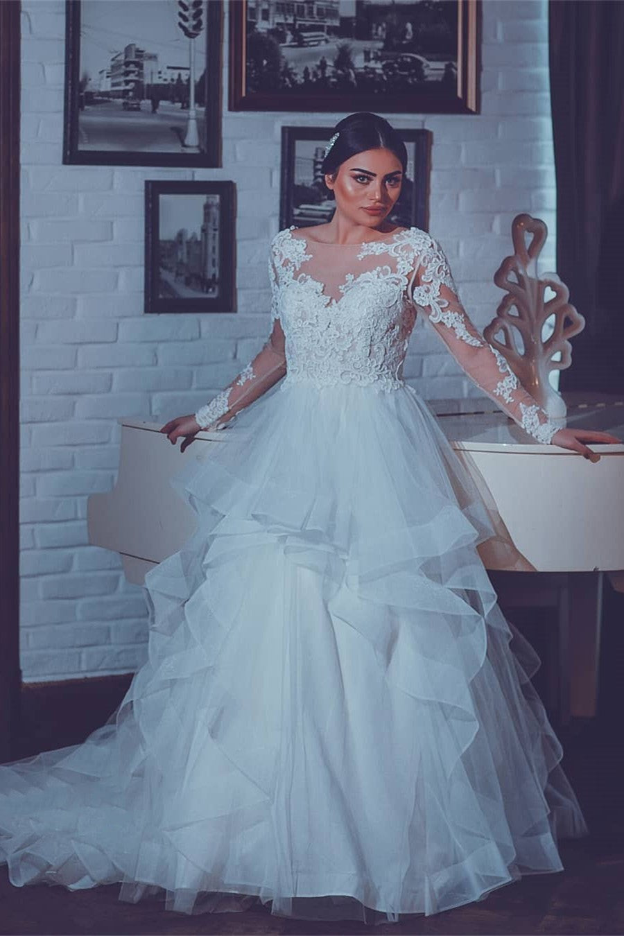 White Lace-Appliques Wedding Dresses |  Open-Back Long-Sleeves Bridal Gowns