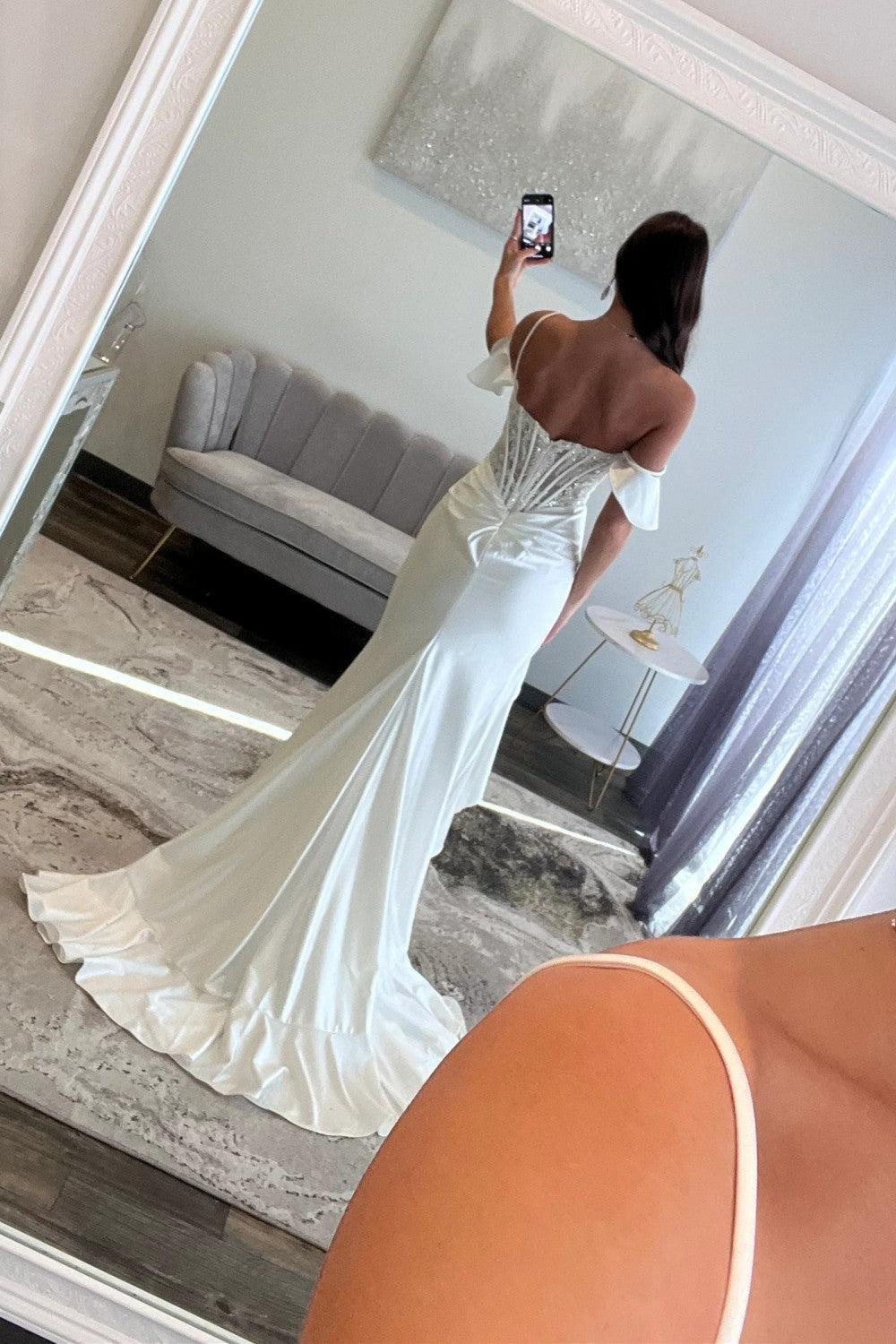 White Lace Off The Shoulder Prom Dress With Corset Bodice And High Slit Formal Evening Gown