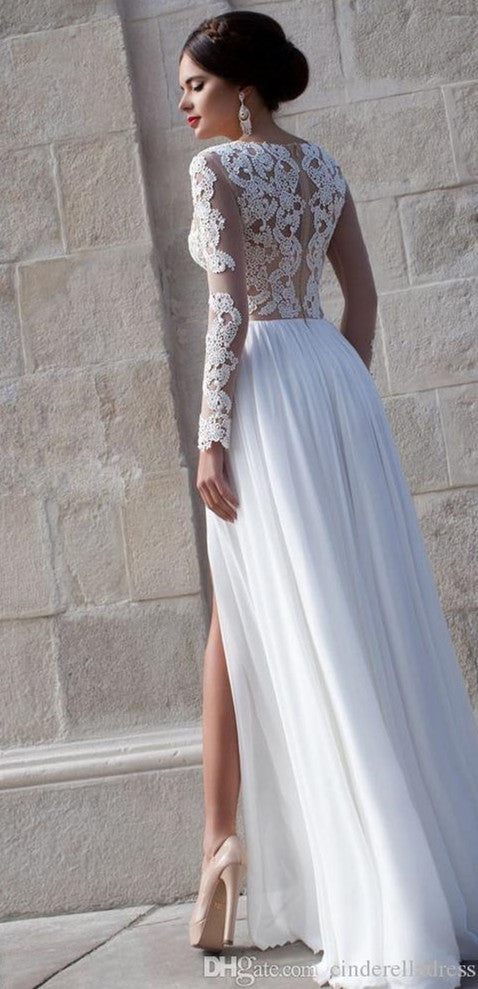 White Lace Sheer Long Sleeve Wedding Dresses Side Slit Chiffon Evening Dresses