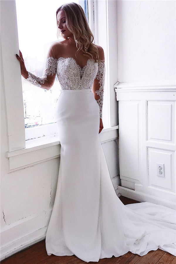White Long-Sleeves Lace Illusion-Jewel Fascinating Chapel-Train Mermaid Wedding Dresses