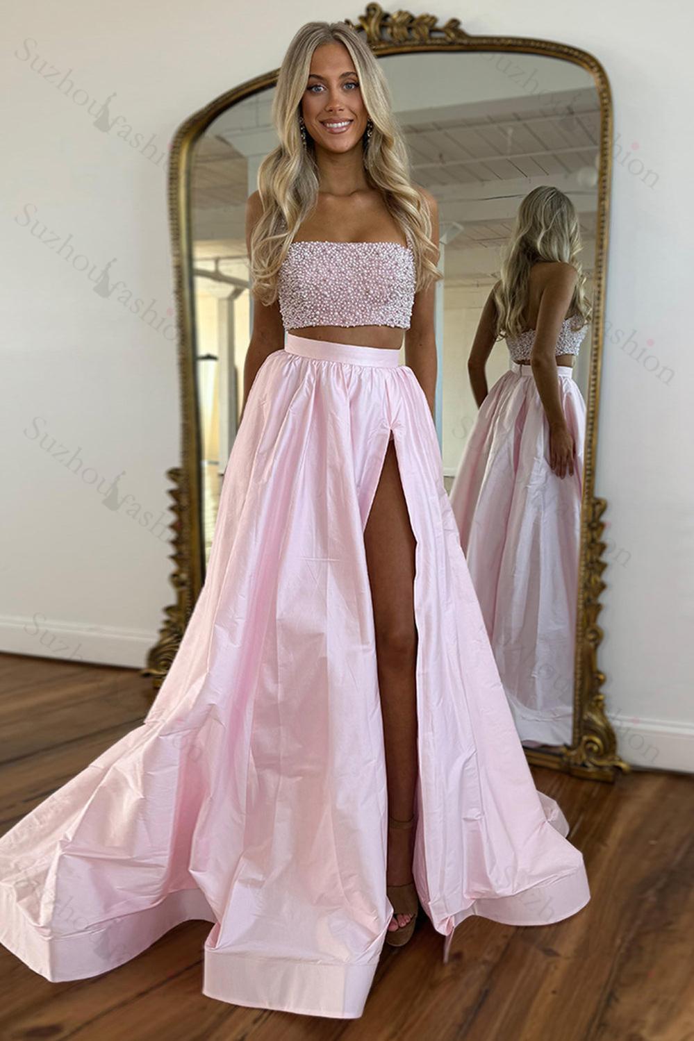 White Prom Dress 2 Piece Beaded Satin Long Formal Dress With Slit