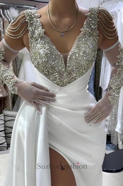 White Prom Dress A Line V Neck Beaded Front Slit Panel Train Satin Formal Dress