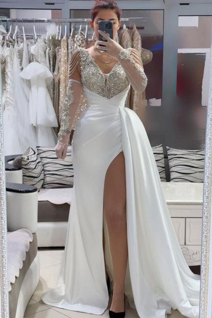 White Prom Dress A Line V Neck Beaded Front Slit Panel Train Satin Formal Dress
