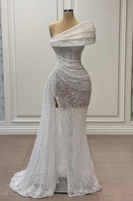 White Prom Dress Mermaid One Shoulder Sleeveless Sequined Panel Train Tulle Formal Dress With Slit