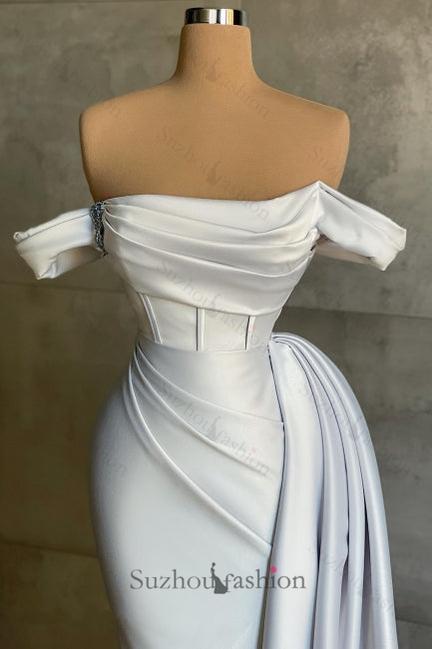 White Prom Dress Mermaid Strapless Off The Shoulder Satin Panel Train Formal Dress