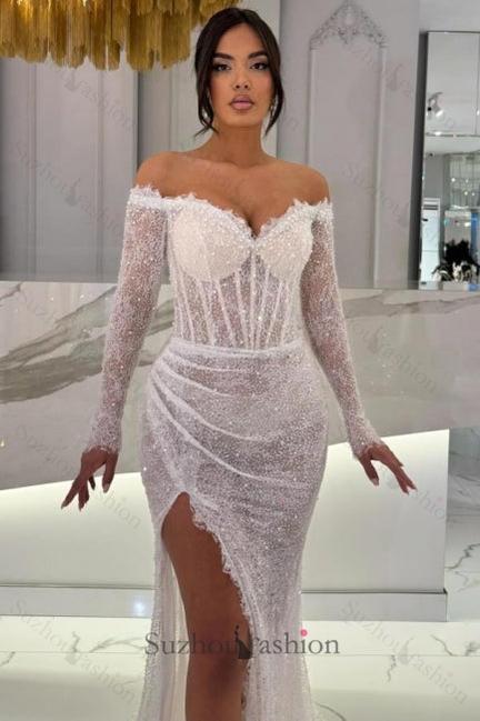 White Prom Dress Mermaid Sweetheart Off The Shoulder Sequined Lace Formal Dress With Slit