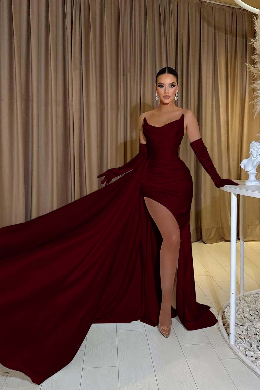 White Prom Dress Satin Strapless Split Mermaid Long Evening Formal Dress
