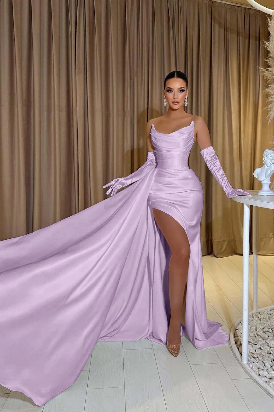 White Prom Dress Satin Strapless Split Mermaid Long Evening Formal Dress