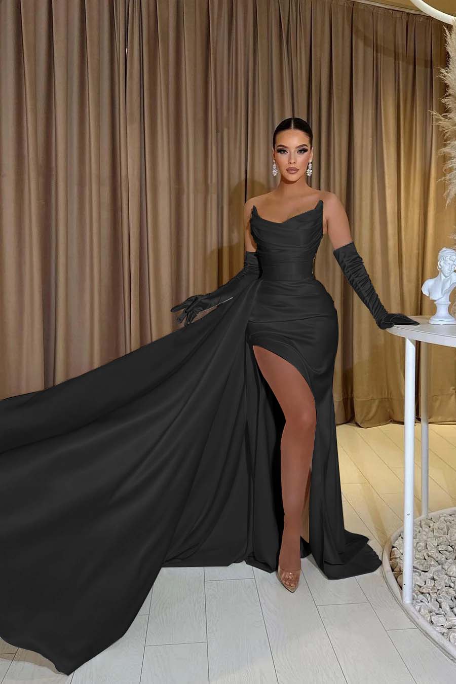 White Prom Dress Satin Strapless Split Mermaid Long Evening Formal Dress