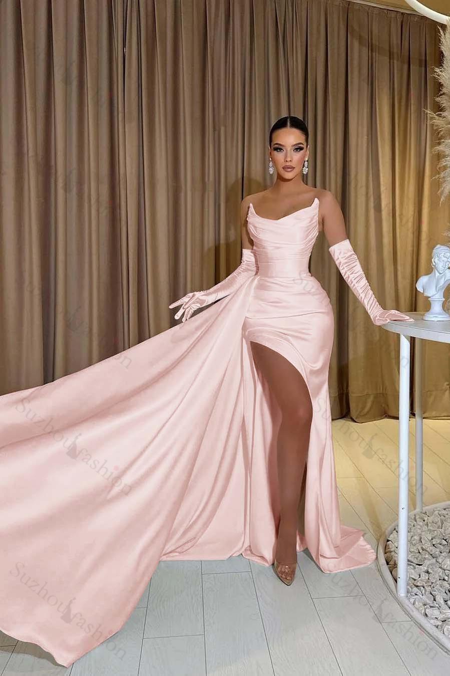 White Prom Dress Satin Strapless Split Mermaid Long Evening Formal Dress