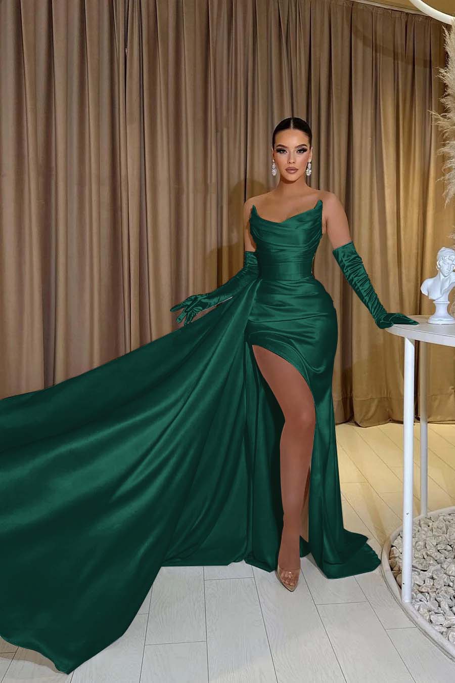 White Prom Dress Satin Strapless Split Mermaid Long Evening Formal Dress