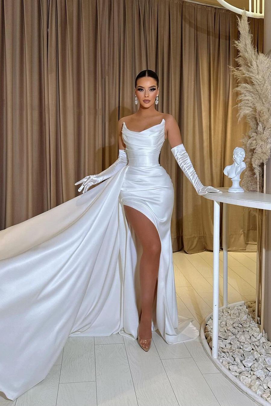 White Prom Dress Satin Strapless Split Mermaid Long Evening Formal Dress