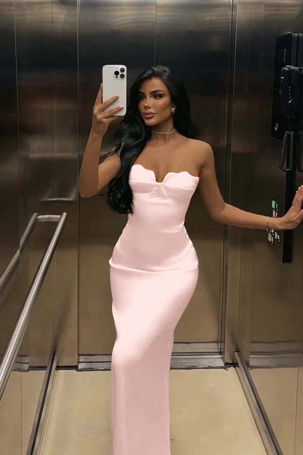 White Prom Dress Strapless Sleeveless Long Mermaid Evening Formal Dress With Pleated