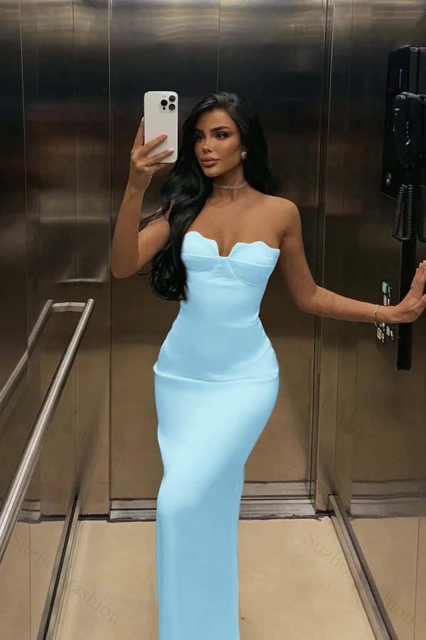 White Prom Dress Strapless Sleeveless Long Mermaid Evening Formal Dress With Pleated