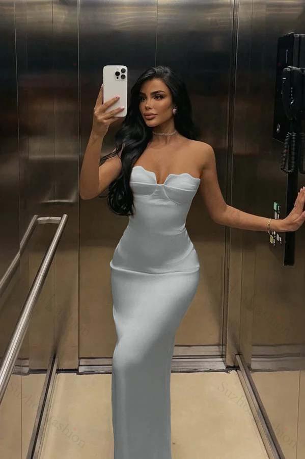 White Prom Dress Strapless Sleeveless Long Mermaid Evening Formal Dress With Pleated
