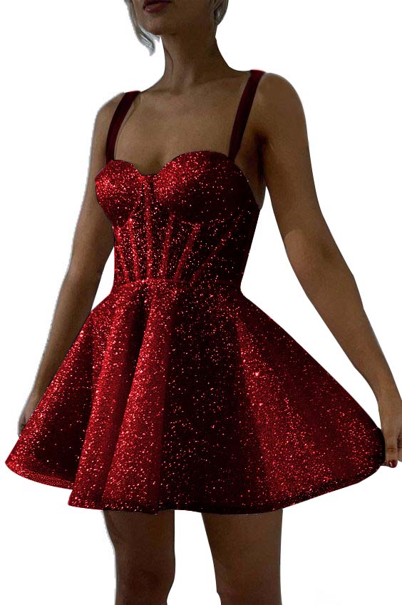 White Sequins Spaghetti Strap Sleeveless A Line Short Homecoming Dress