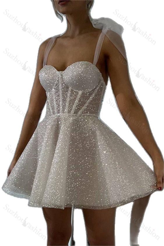White Sequins Spaghetti Strap Sleeveless A Line Short Homecoming Dress