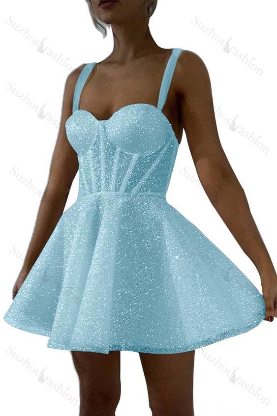 White Sequins Spaghetti Strap Sleeveless A Line Short Homecoming Dress