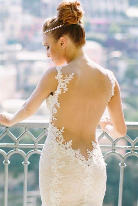 White Sexy Mermaid Tulle Long Bridal Gown Spaghetti Strap Open Back Lace Wedding Dress