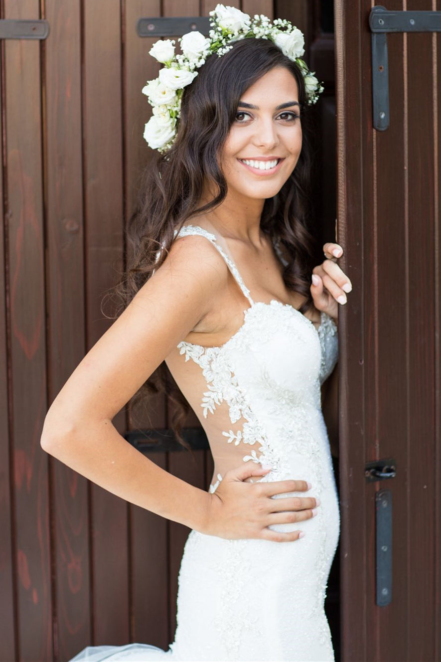 White Sexy Mermaid Tulle Long Bridal Gown Spaghetti Strap Open Back Lace Wedding Dress