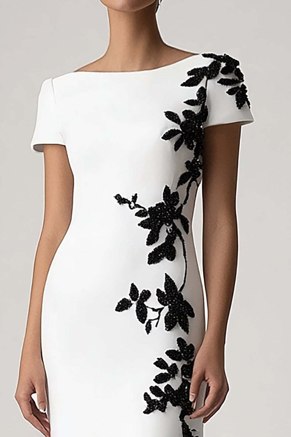 White Sheath Appliqued Long Formal Dress With Short Sleeves